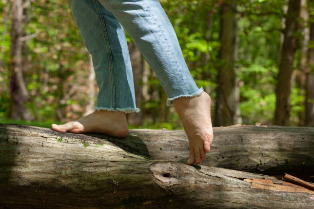 istock Barefoot woman in light blue jeans balancing on a fallen tree in forest 1319579406