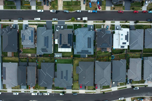 Aerial view of a neighbourhood in south west Sydney Top down aerial view of a new neighbourhood in the rapidly growing suburbs of south west Sydney. urban sprawl stock pictures, royalty-free photos & images