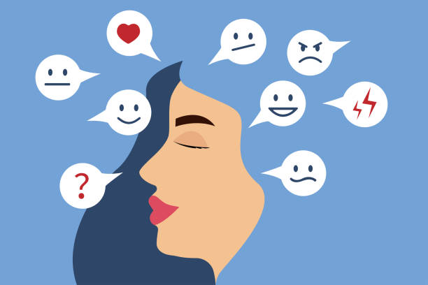 Mental health. Young woman with closed eyes thoughts emotions experiences. Vector illustration Mental health. Young woman with closed eyes thoughts emotions experiences. White round face icons with different emotions. Light blue background. Vector illustration flat thinking emoji stock illustrations