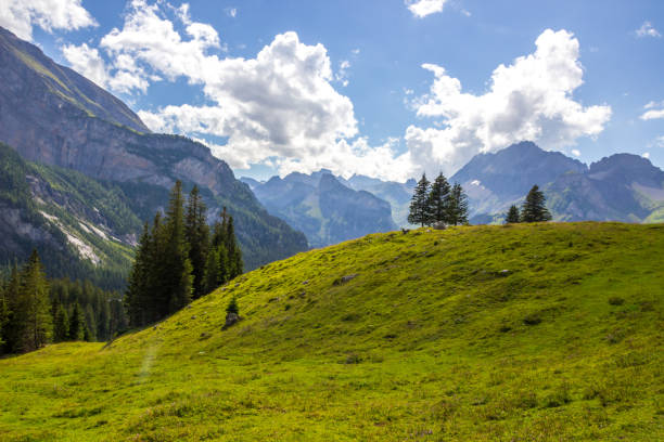 スイスアルプスの登山道 - european alps mountain beauty in nature oeschinen lake ストックフォトと画像