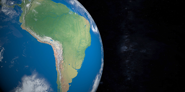 South America in planet earth, aerial view from outer space