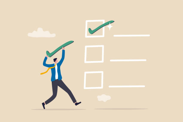 Checklist for completed tasks, project checkbox or achievement list and approval document concept, businessman carrying big tick to put on completed task for project tracking. Checklist for completed tasks, project checkbox or achievement list and approval document concept, businessman carrying big tick to put on completed task for project tracking. put stock illustrations