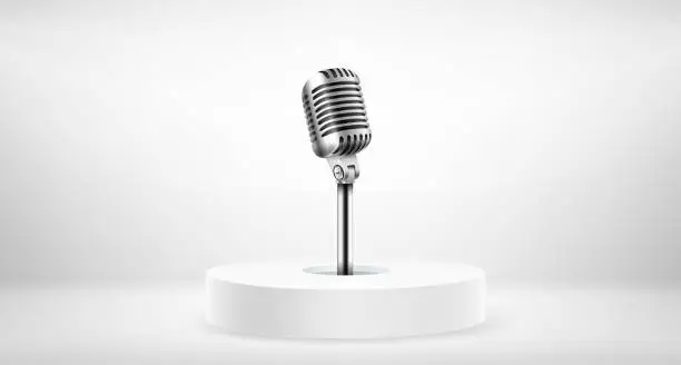 Vector illustration of Bright round stage with microphone. Microphone on a podium