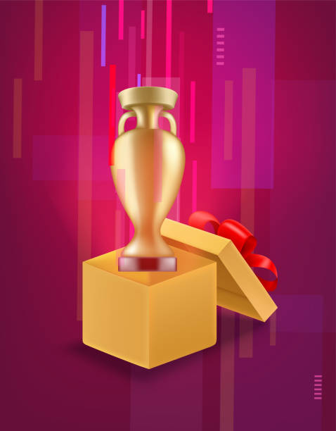 istock Opened box with golden cup flying out from the box. Winner concept 1319588481