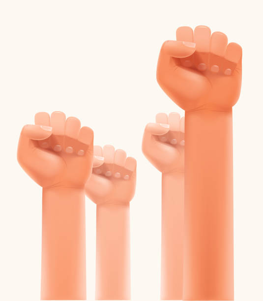 istock Men fists up in the air. Strike or human power concept 1319588591
