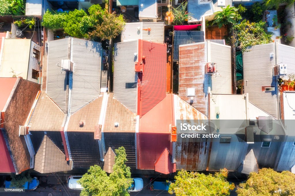 D Sydney surry hills top down low Inner city residential suburb Surry Hills in Sydney - local street with historic terrace houses - aerial top down view. Australia Stock Photo