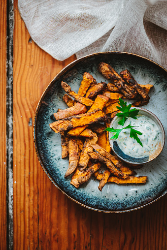 Air-Fried Sweet Potato Chips with Vegan Sour Cream