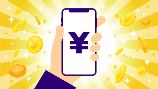 ilustraciones, imágenes clip art, dibujos animados e iconos de stock de imagen de ganar yenes con una aplicación para teléfonos inteligentes - japanese currency shiny finance horizontal