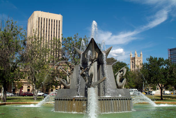 Adelaide, Australia - January 30, 2008: Victoria Square Fountain, it was designed by artist John Dowie to represent the three rivers from which Adelaide receives water