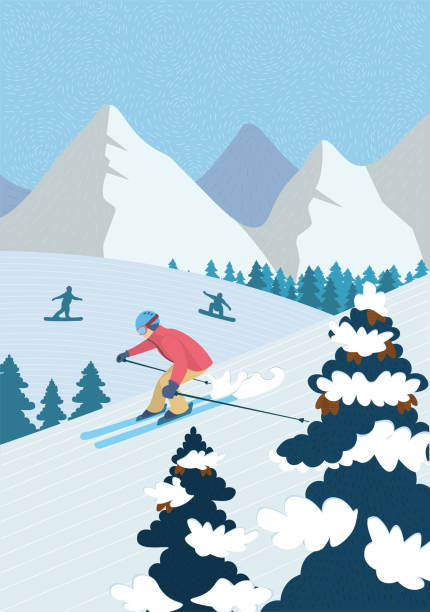 高山での冬の手描きポスターアクティブレクリエーション。スキーヤーは雪の斜面を下ってスキーをします。アスリートのスノーボーダーはスノーボードに乗ります。スキーリゾートベクタ� - skiing ski winter sport freestyle skiing点のイラスト素材／クリップアート素材／マンガ素材／アイコン素材