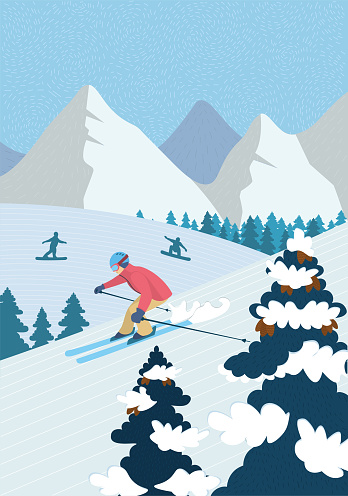 Winter hand-drawn poster active recreation in alpine mountains. Skier downhill skiing down snowy slope. Athletes snowboarders ride snowboard. Outdoor sports in ski resort vector illustration banner