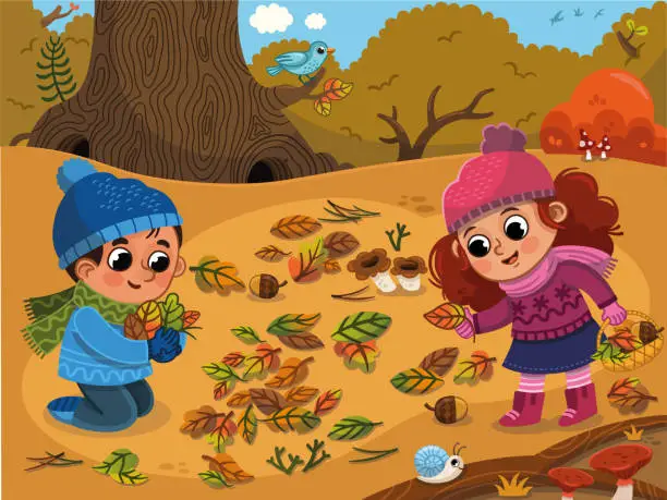 Vector illustration of Happy Children Having Fun in Autumn Park