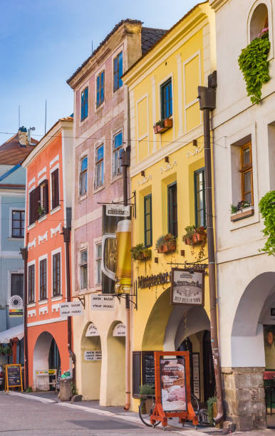 Colorful houses in the shopping street of Ceske Budejovice Colorful houses in the shopping street of Ceske Budejovice, Czech Republic cesky budejovice stock pictures, royalty-free photos & images