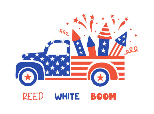 Patriotic pickup. Vector illustration with old red truck and fireworks. 4th of july card. Patriotic truck in the colors of the national flag. Pickup car with firework and quote: red, white, boom. 4th of july funny card. Independence day card. National holiday symbol. independence day holiday illustrations stock illustrations