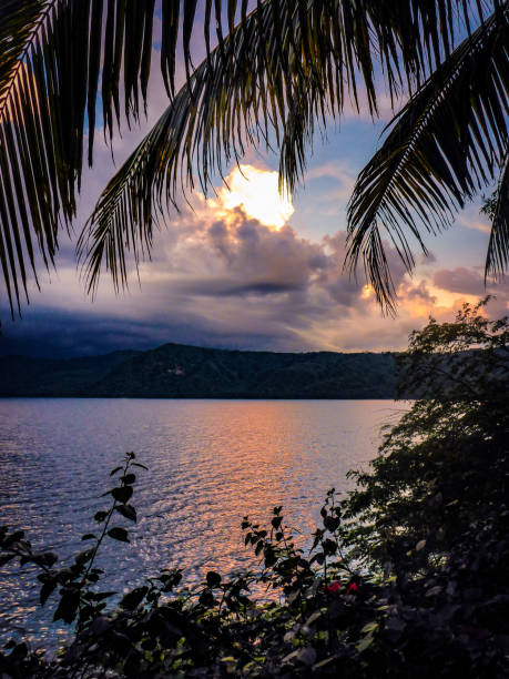 istock Romantic sunset over a lake through palm leaves 1319593659