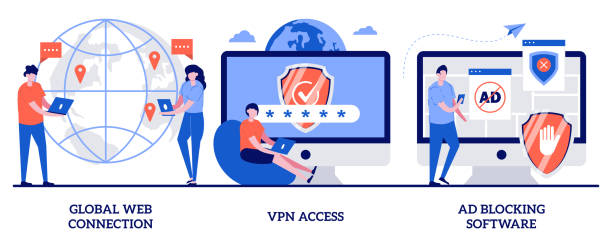 глобальное веб-соединение, vpn-доступ, концепция программного обеспечения для блокировки рекламы с крошечными людьми. набор иллюстраций век - network connection plug globe connection earth stock illustrations