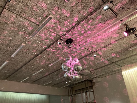 Retro? Modern? still now? Chandelier, Mirror Ball to create digital pink cherry blossom on the ceiling, falling cherry blossom petals and the room covered with the flower petals, lovely landscape