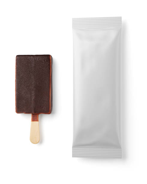 istock Brown chocolate popsicle and clean package isolated on white. 3D rendering and photo. 1319599364