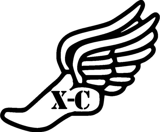 The letters XC in a running winged foot logo The letters X-C written in the foot of a flying runners foot logo which is a symbol for cross country running. track and field stock illustrations