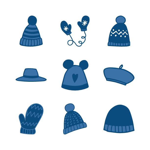 granatowe czapki zimowe i rękawiczki ręcznie rysowane ikony - propeller beanie stock illustrations