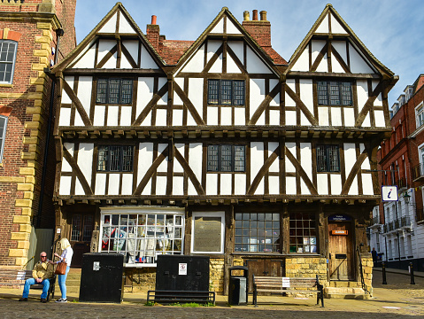 Lincoln, United Kingdom - Sep 12, 2020: The Leigh-Pemberton House, now the Visitor Information Centre of Lincoln. It is one of the oldest buildings in Lincoln, England.