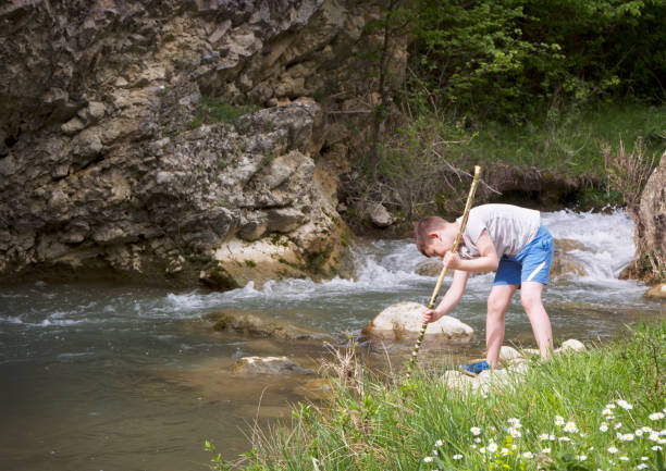 istock Little boy is attacking imaginary foes in the forest 1319605216