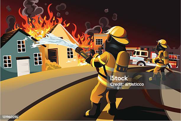 Firefighters Stock Illustration - Download Image Now - Illustration, Fire - Natural Phenomenon, House