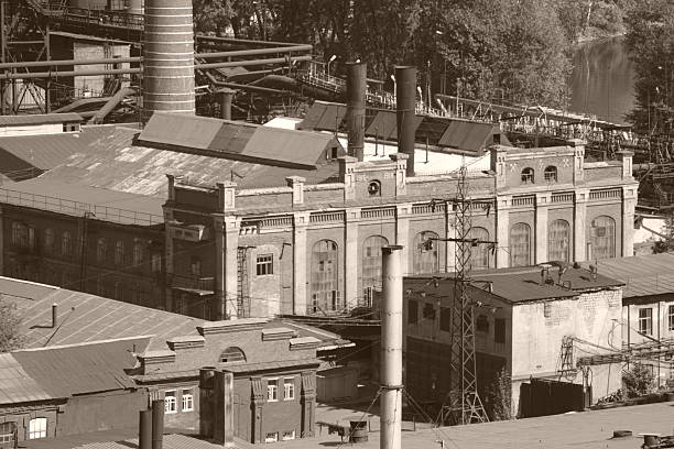 Old factor my vintage photo with buildings Old factory facilities dated by 1916-1918. industrial revolution stock pictures, royalty-free photos & images