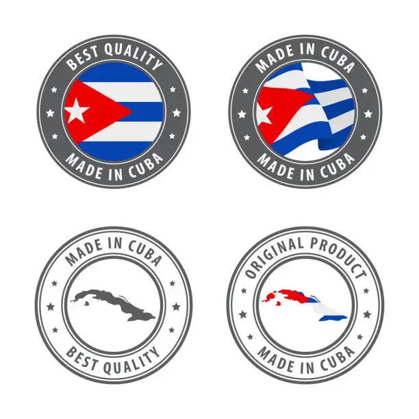 Vector illustration of Made in Cuba - set of labels, stamps, badges, with the Cuba map and flag. Best quality. Original product.