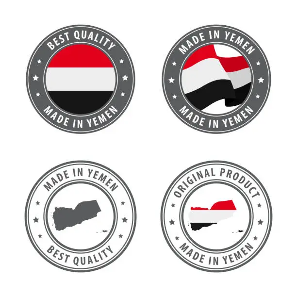 Vector illustration of Made in Yemen - set of labels, stamps, badges, with the Yemen map and flag. Best quality. Original product.