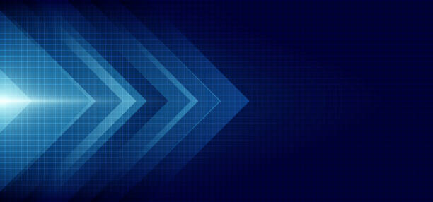 panah biru abstrak bersinar dengan pencahayaan dan kisi garis pada teknologi latar belakang biru konsep hi-tech - teknologi ilustrasi stok