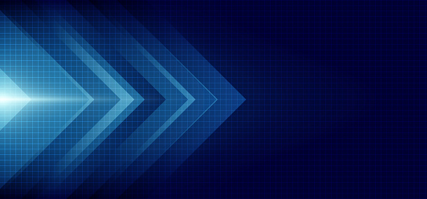 istock Abstract blue arrow glowing with lighting and line grid on blue background technology hi-tech concept 1319613142