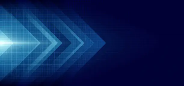 Vector illustration of Abstract blue arrow glowing with lighting and line grid on blue background technology hi-tech concept