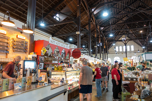 Lancaster, USA - May 15, 2021. People shopping at Central Market in downtown Lancaster city, Pennsylvania, USA