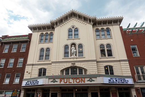 Lancaster, USA - May 15, 2021. Facade of historic Fulton theatre in downtown Lancaster city, Pennsylvania, USA