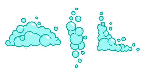 illustrations, cliparts, dessins animés et icônes de mousse de savon de dessin animé réglée avec des bulles. mousse bleu clair de bain, shampooing, rasage, mousse. illustration vectorielle - mousse