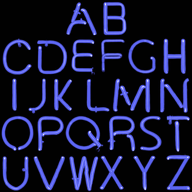 neon niebieski alfabet łaciński - lighting equipment illuminated isolated on black part of zdjęcia i obrazy z banku zdjęć