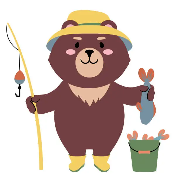 Vector illustration of Vector illustration of a cute cartoon teddy bear with a fishing rod and a fish