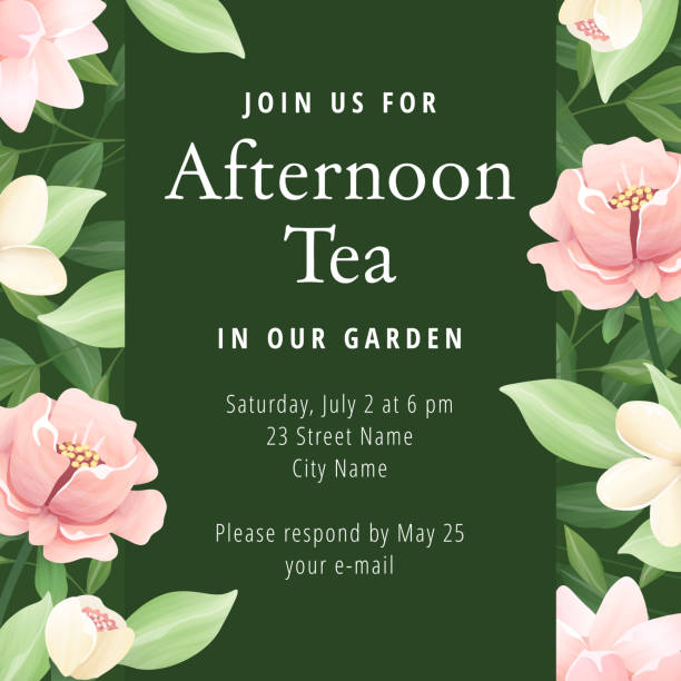 정원, 여름 또는 봄 파티에 적합한 분홍색과 흰색 꽃광장 모양의 초대장. - 가든파티 stock illustrations