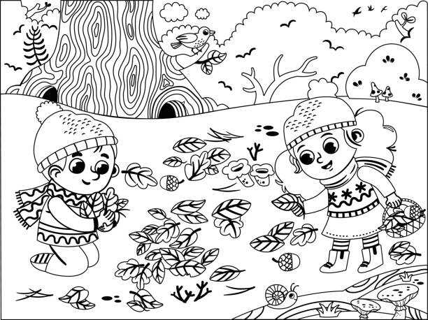 Children Having Fun in Autumn Black and white happy children having fun in Autumn park. Two kids in winter clothes collecting leaves and corns in Autumn. Vector Illustration. autumn coloring pages stock illustrations