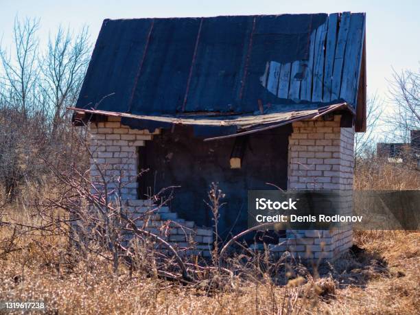Broken Brick House With A Broken Roof On A Sunny Spring Day Among The Yellow Thickets Of Grass Stock Photo - Download Image Now