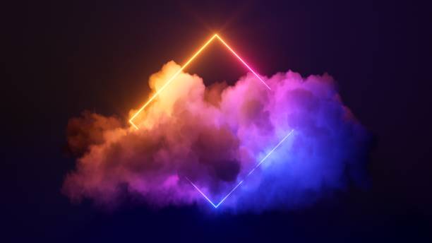 istock 3d render, abstract minimal background with pink blue yellow neon light square frame with copy space, illuminated stormy clouds, glowing geometric shape 1319617378