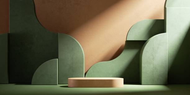 istock 3d render, modern minimal showcase with empty podium and abstract green geometric shapes isolated on terracotta background and illuminated with sunlight rays 1319617432