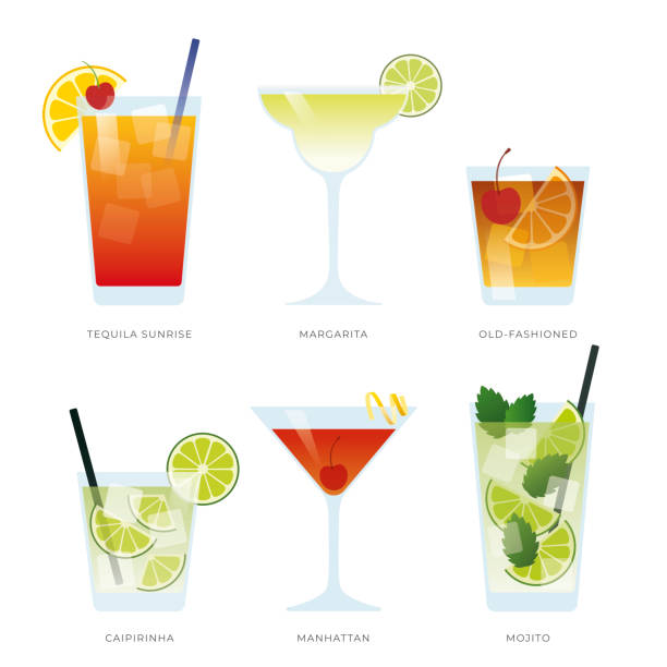 zestaw sześciu popularnych koktajli. stworzony dla projektów menu. zestaw napojów alkoholowych z tequila sunrise, margarita, staromodny, caipirinha, manhattan i mojito. - drink stock illustrations