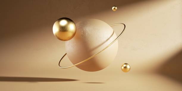 istock 3d render, abstract beige futuristic background with levitating golden balls. Clean style modern minimal concept with levitating objects. Flying sphere with golden ring - saturn metaphor 1319617852