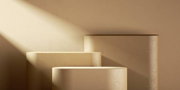 istock 3d render, abstract monochrome beige background. Modern minimal showcase scene with empty pedestals and sunlight rays, for product presentation 1319617887