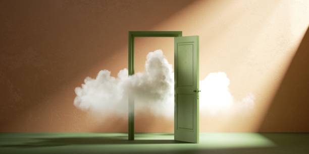 3d render. White fluffy cloud flies through the open green door, isolated on peachy background. Modern minimal concept