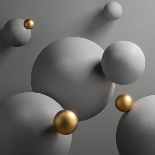 istock 3d render, abstract gray background with levitating spheres and golden balls. Modern minimal wallpaper 1319618514
