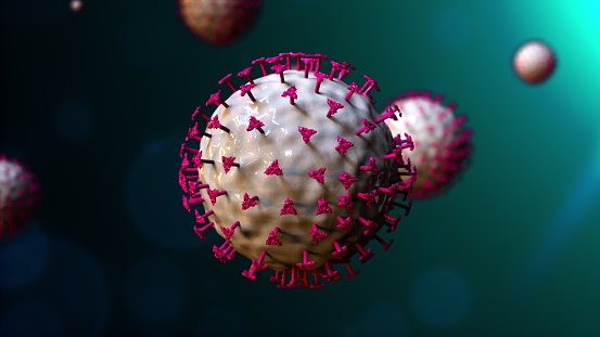 Bacteria with spikes floating in 3d render space. Dangerous respiratory virus covered with protective mucous membrane. Spherical microbiology pandemic of infectious pneumonia.
