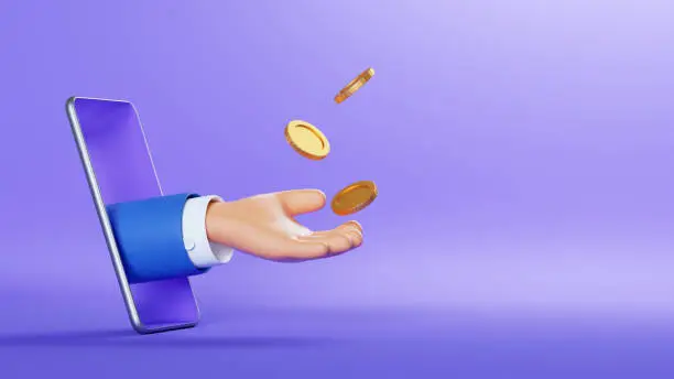 Photo of 3d illustration. Cartoon character hand sticking out the smart phone screen, throws up golden coins to the air. Online business profit clip art isolated on violet background. Financial application